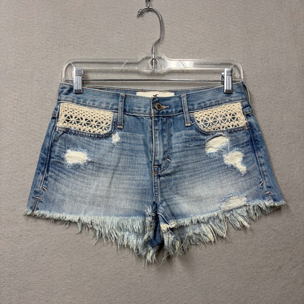 Hollister Denim Shorts Womens 1 W25 Blue Crochet Lace Distressed Y2K Cutoff